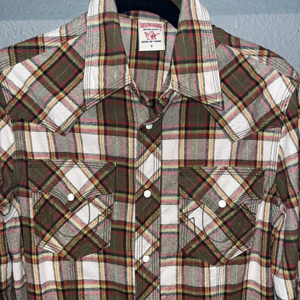 TRUE RELIGION Western Snap Front Horseshoe Pocket Plaid Flannel Shirt Men's S